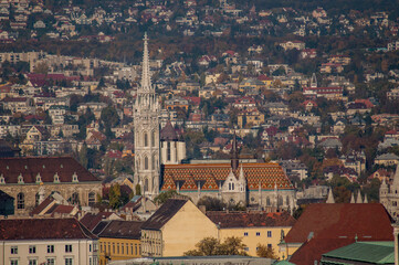 View of St. Stephen's Church in the city center of Budapest, Hungary. Historical tourist attraction.