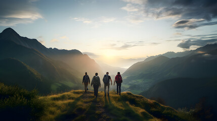Obraz premium Group of sporty people hiking in mountain at sunset