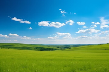 Obraz premium Sky and grass background, fresh green fields under the blue sky in spring