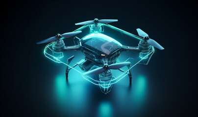 Fototapeta na wymiar AI drone concept. 3d quadrocopter in isometric view. Drone on dark background