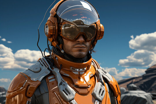 Retro futuristic female cyborg with futuristic orange suite
