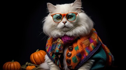 Obraz premium a white cat wearing glasses and a colorful sweater, with pumpkins in the background on a black background photo by person