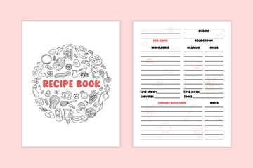 Recipe Book template. Cover of cookbook and dish page blank. Vector illustration
