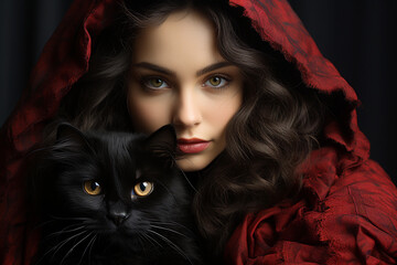 Portrait of beautiful young woman with black cat in red cloth