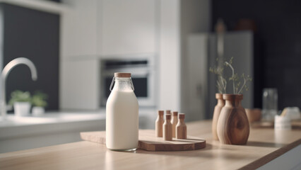 Fototapeta na wymiar a carton of almond milk in a minimalist design kitchen, medium shot, symmetrical, in the morning light