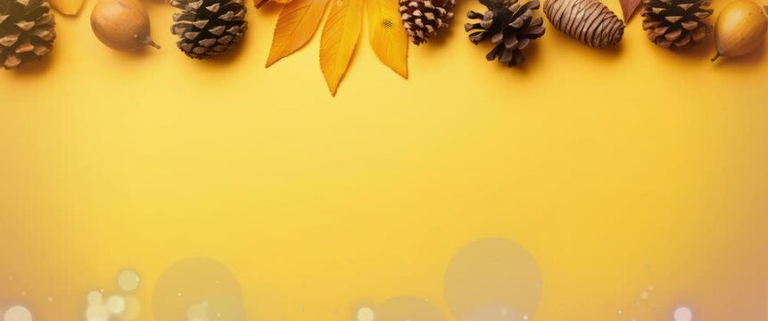 Anamorphic video autumn elements such as leaves, acorns and pine cones on yellow background.