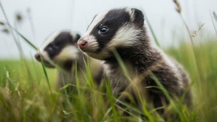 Side view, cinema lens, of two newborn badger cubs standing on a green field, blurred background, grunge style