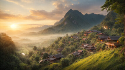 Village in a beautiful valley with sunset, Colorful Sky, Snow Mountain.  