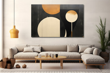 gold and black colored mid century art picture on the wall of mid century styled interior. Neural network generated in May 2023. Not based on any actual scene or pattern.