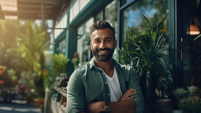 With a green thumb and a business mind,  the entrepreneur poses in front of their thriving plant shop