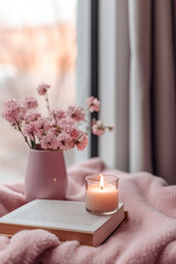 Pink flowers in vase, book and burning candle on window sill © Anna