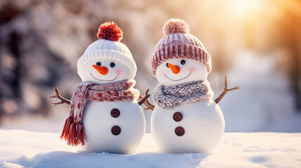 Christmas holiday banner of funny smiling snowmans with wool hat and scarf