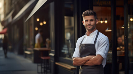 The passionate restaurateur exudes culinary expertise,  standing tall outside their vibrant eatery