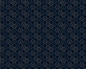 Abstract geometric seamless pattern with cubic outline  in gray n blue on dark blue background. Vector illustration. For masculine male shirt lady dress textile wrapping cloth wallpaper all over print