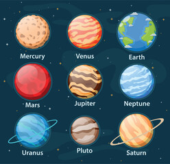 Cartoon solar system planets. Earth, mars, pluto, venus, mercury, neptune, uranus, and jupiter planet, isolated on galaxy space background