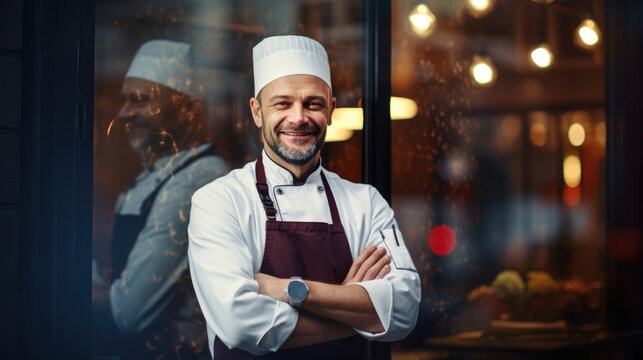 The passionate restaurateur exudes culinary expertise,  standing tall outside their vibrant eatery