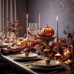 a table set for thanksgiving dinner with candles, pumpkins and other fall decorations on the table is dark purple wallpaper