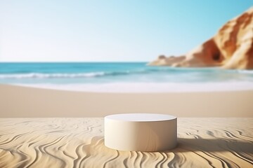 Fototapeta na wymiar 3D Podium on a Tropical Beach, Perfect for Product Display in a Summer Vacation Theme. Created With Generative AI Technology