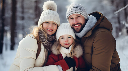 Fototapeta premium Happy family with warm clothes smiling and playing with snow in winters