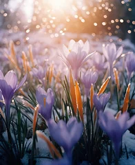 Fotobehang some purple crocus flowers with the sun shining through them in the background is snow and bright blue sky © Golib Tolibov