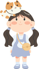 Girl play with cat of cartoon