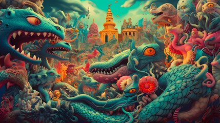 Fototapeta premium A painting of a fantasy psychedelic trip. Neural network generated in May 2023. Not based on any actual scene or pattern.