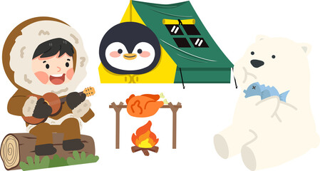 Inuit Camping with penguin and polar bear
