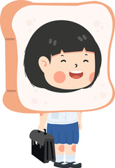 Cute girl student holding bag education with Toast bread Head
