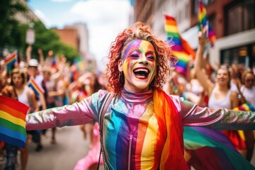 Vibrant colors, joy, and diversity of a Pride parade as it winds through the city streets, with participants proudly celebrating their LGBTQ+ identities. Generative Ai