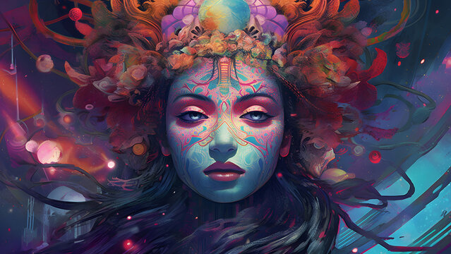 psychedelic woman full face colorful portrait. Neural network generated in May 2023. Not based on any actual scene or pattern.
