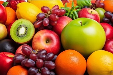Naklejka na ściany i meble Juicy and ripe fruits. Fresh fruits assorted fruits colorful background. Vitamins natural nutrition concept.