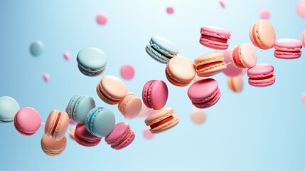 Obraz premium a clean detailed studio photo of colorful french baiser pastry macaron flying in the air on pastel gradient background. Food ingredient levitation