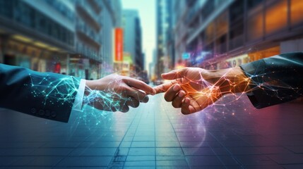 The touch of two fingers with an overlay of network connections, illustrating the exchange of information, set against a city street backdrop. Conceptualizes modern business and digital communication