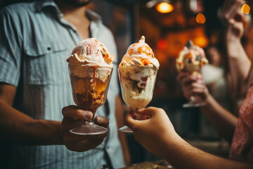 Two people holding eye catching delectable ice cream cups, Mouthwatering Ice cream food photography for advertising. AI Generated