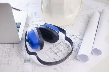 Profession concept with architect desk and tools white background top view mockup. Engineer's work table. Architect and engineer concept.