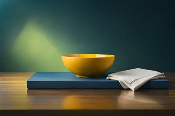 yellow bowl and books on wooden table