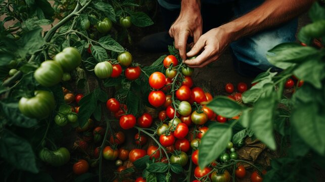 Crop anonymous gardener picking red tomatoes from a green bush from above with gardening scissors.