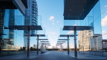 Modern high rise buildings with glass mirrored walls and illuminated lights next to an office building's entrance in Calgary City against a cloudless blue sky.