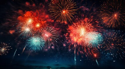 Beautiful, vibrant fireworks are seen exploding from below against a backdrop of the night sky.