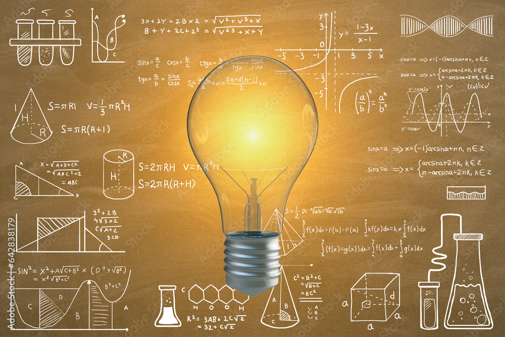 Poster Creative glowing light bulb on chalkboard wall background with mathematical formulas. Science, idea and education background. 3D Rendering.