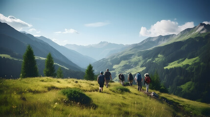 Fototapeta na wymiar Group of sporty people hiking in mountain