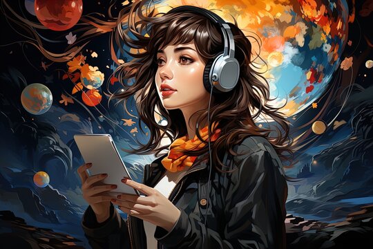 Abstract illustration of a young girl with headphones listening to music, online music in trending colors. Concept of relaxation, good mood, rest