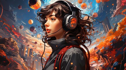 Abstract illustration of a young girl with headphones listening to music, online music in trending colors. Concept of relaxation, good mood, rest - obrazy, fototapety, plakaty