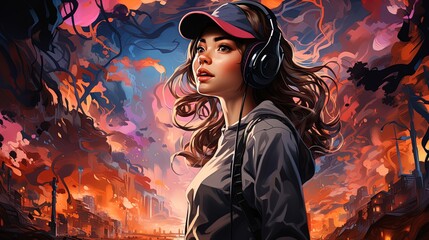 Abstract illustration of a young girl with headphones listening to music, online music in trending colors. Concept of relaxation, good mood, rest