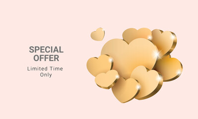 Composition of golden hearts. Poster design for Valentine's Day or a gift for a loved one. Promotion poster horizontal design template. Vector illustration