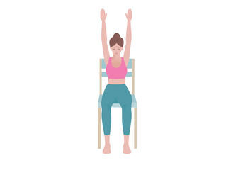 Exercises that can be done at-home using a sturdy chair.
Your feet flat on the ground, look up, take your arms straight up to the sky, and touch your palms together. with Extended Mountain Pose.