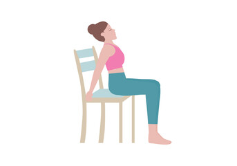Exercises that can be done at-home using a sturdy chair.
Come to a sitting position, with your feet flat on the ground and your legs together.  with Camel Pose. Cartoon style.