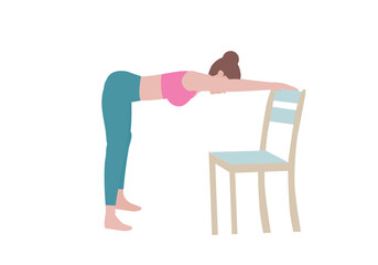 oga Exercises that can be done at home using a sturdy chair. Downward Facing Dog of chair Yoga Pose. Cartoon style.