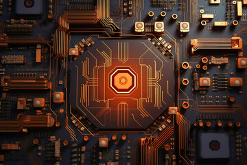 Fototapeta premium A powerful computer processor or chip on a motherboard. Modern technologies. Red background.