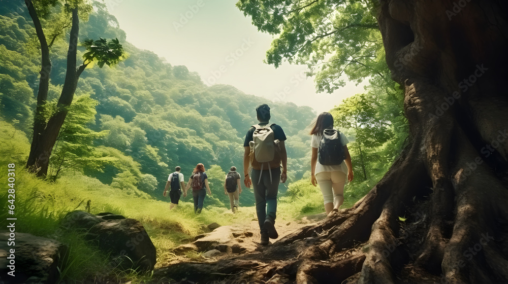 Wall mural Group of sporty people hiking in mountain